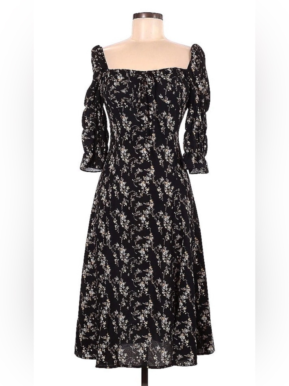 Black Floral Square-Neck Midi Dress with Puff Sleeves